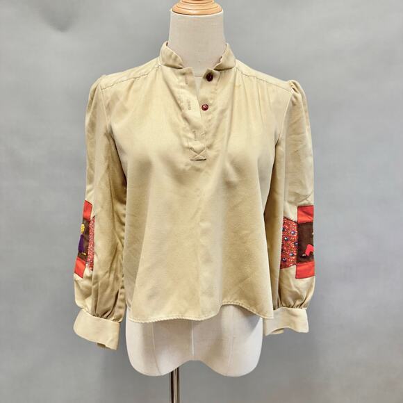Vintage 70s tan patchwork sleeve twill cropped long sleeve Boxy top Size Small - Picture 15 of 15